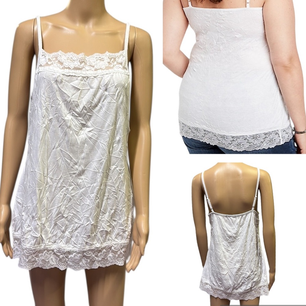 Maurices White Solid Lace Trim Crinkle Camisole Tank Spaghetti Straps 0 or 14